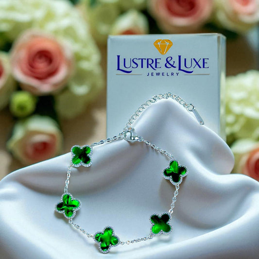 Four Leaf Clover Bracelet for Women – White Gold Plated 316L Stainless Steel, Double-Sided Mother of Pearl, Adjustable Lucky Charm Link Bracelet, Elegant Jewelry Gift for Her, Comes with gift Box.