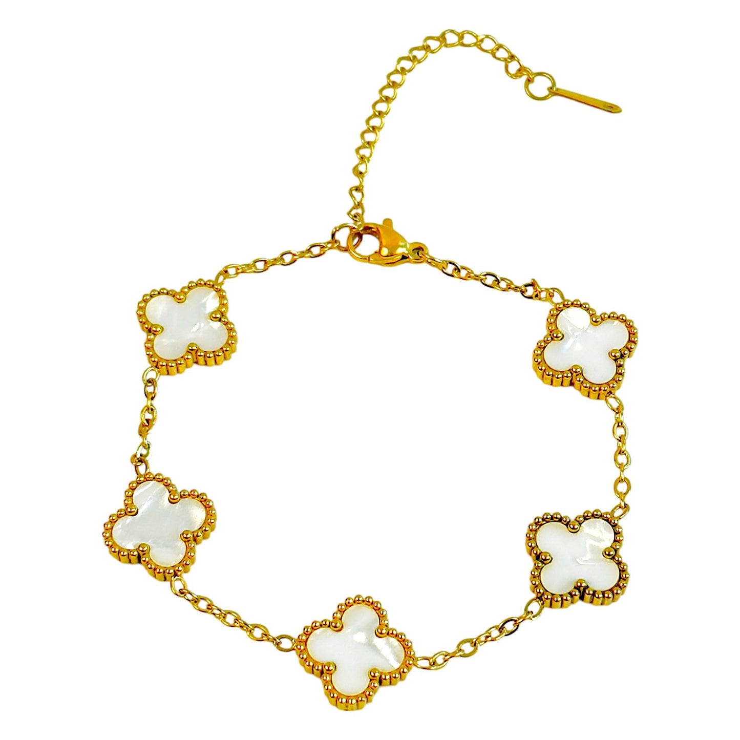 Four Leaf Clover Bracelet for Women – 18K Gold Plated 316L Stainless Steel, Double-Sided Mother of Pearl, Adjustable Lucky Charm Link Bracelet, Elegant Jewelry Gift for Her, Comes with gift Box.