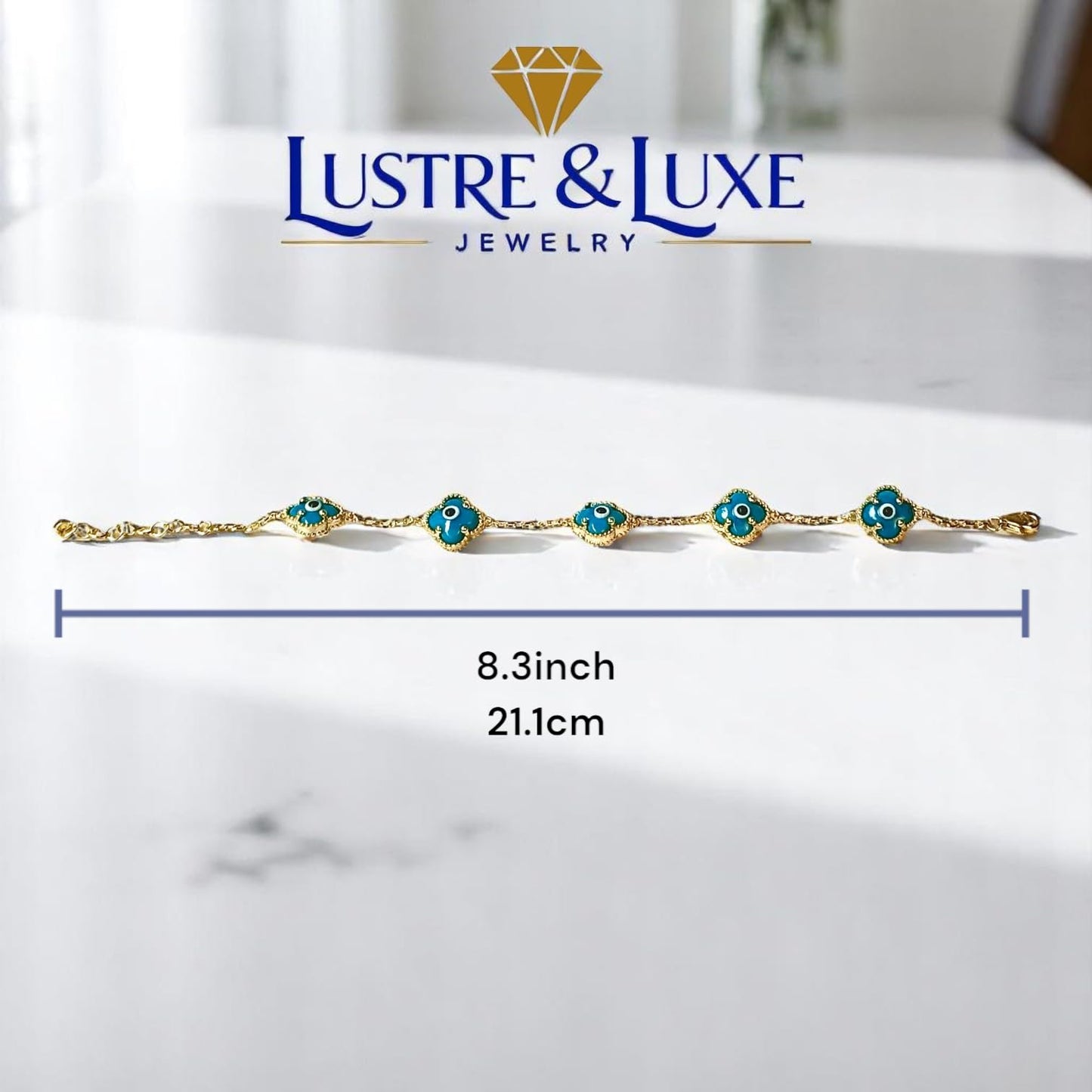 Clover Bracelet - Solid 925 Sterling Silver, 14K Vermeil Gold Plated, Evil Eye, Double Side Handcrafted Unique Glass Artwork , Adjustable Link, Comes in a Beautiful Gift Box, Perfect for Birthdays, Anniversaries, Valentine’s Day, or Mother’s Day.