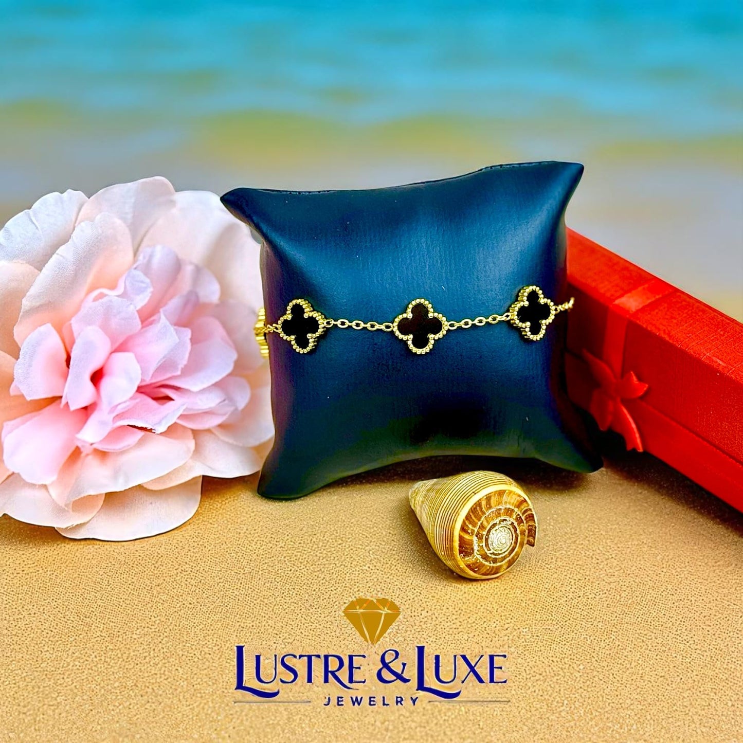 Four Leaf Lucky Clover Bracelet for Women, 18K Gold Plated Stainless Steel, Double Side Unique Mother Pearl Colors, Adjustable Link, Free Valentines Gift Box, Great Gift For Her.