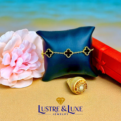 Four Leaf Lucky Clover Bracelet for Women, 18K Gold Plated Stainless Steel, Double Side Unique Mother Pearl Colors, Adjustable Link, Free Valentines Gift Box, Great Gift For Her.