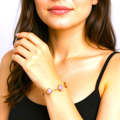 Four Leaf Lucky Clover Bracelet for Women, 18K Gold Plated Stainless Steel, Double Side Unique Mother Pearl Colors, Adjustable Link, Free Valentines Gift Box, Great Gift For Her.