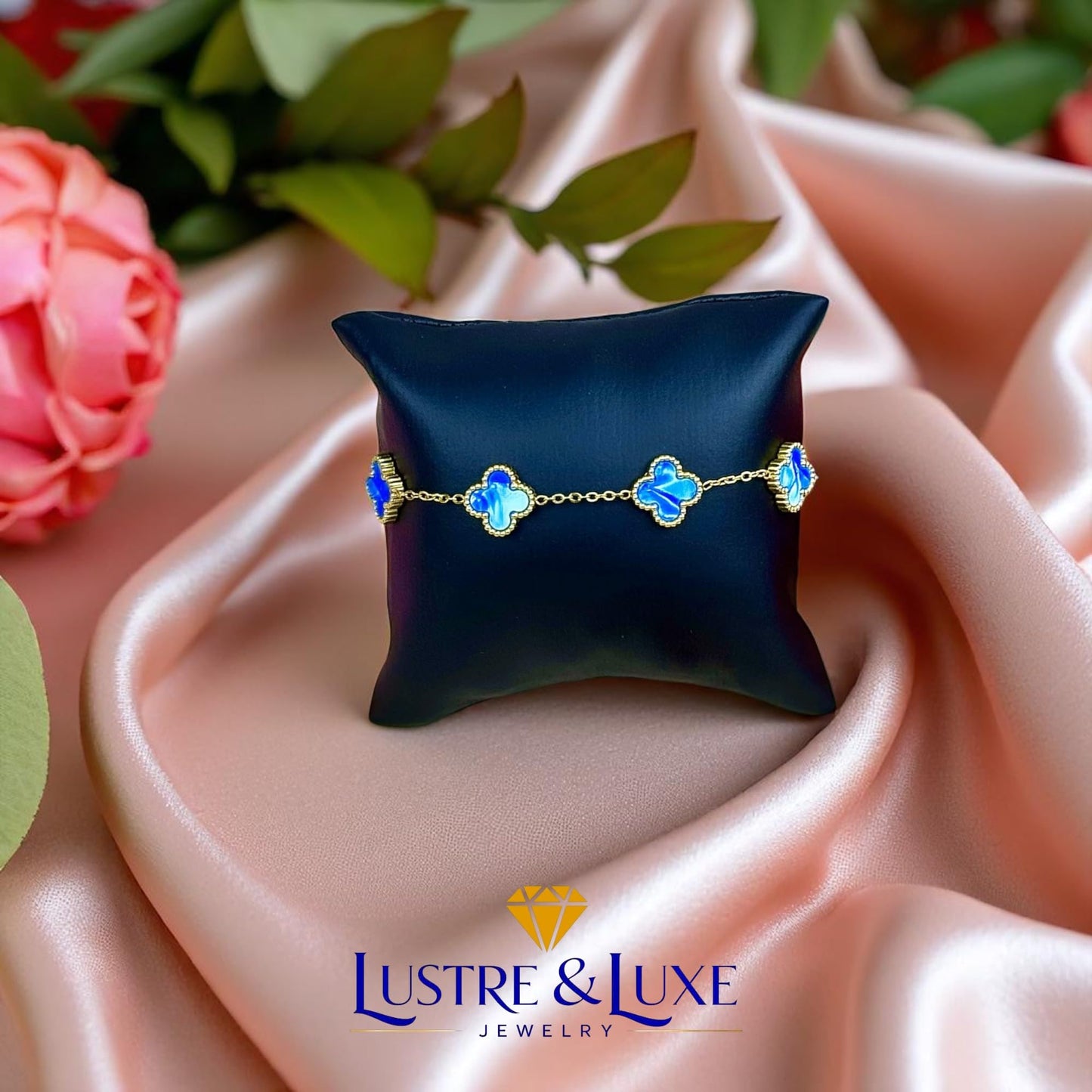 Four Leaf Lucky Clover Bracelet for Women, 18K Gold Plated Stainless Steel, Double Side Unique Mother Pearl Colors, Adjustable Link, Free Valentines Gift Box, Great Gift For Her.