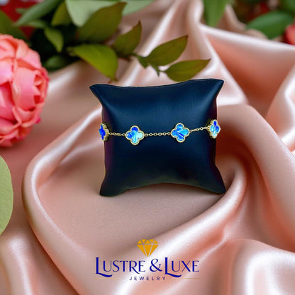 Four Leaf Lucky Clover Bracelet for Women, 18K Gold Plated Stainless Steel, Double Side Unique Mother Pearl Colors, Adjustable Link, Free Valentines Gift Box, Great Gift For Her.