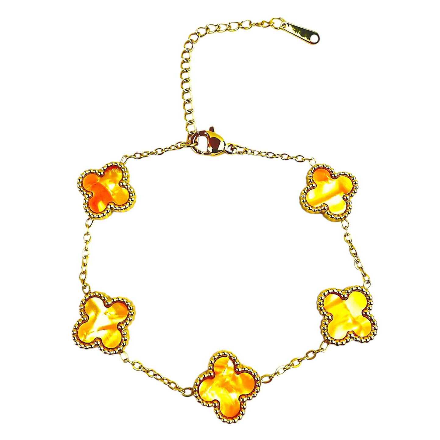 Four Leaf Lucky Clover Bracelet for Women, 18K Gold Plated Stainless Steel, Double Side Unique Mother Pearl Colors, Adjustable Link, Free Valentines Gift Box, Great Gift For Her.