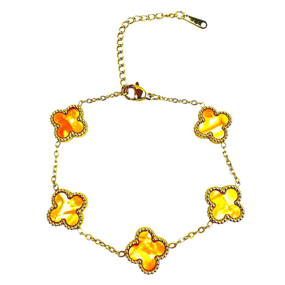 Four Leaf Lucky Clover Bracelet for Women, 18K Gold Plated Stainless Steel, Double Side Unique Mother Pearl Colors, Adjustable Link, Free Valentines Gift Box, Great Gift For Her.