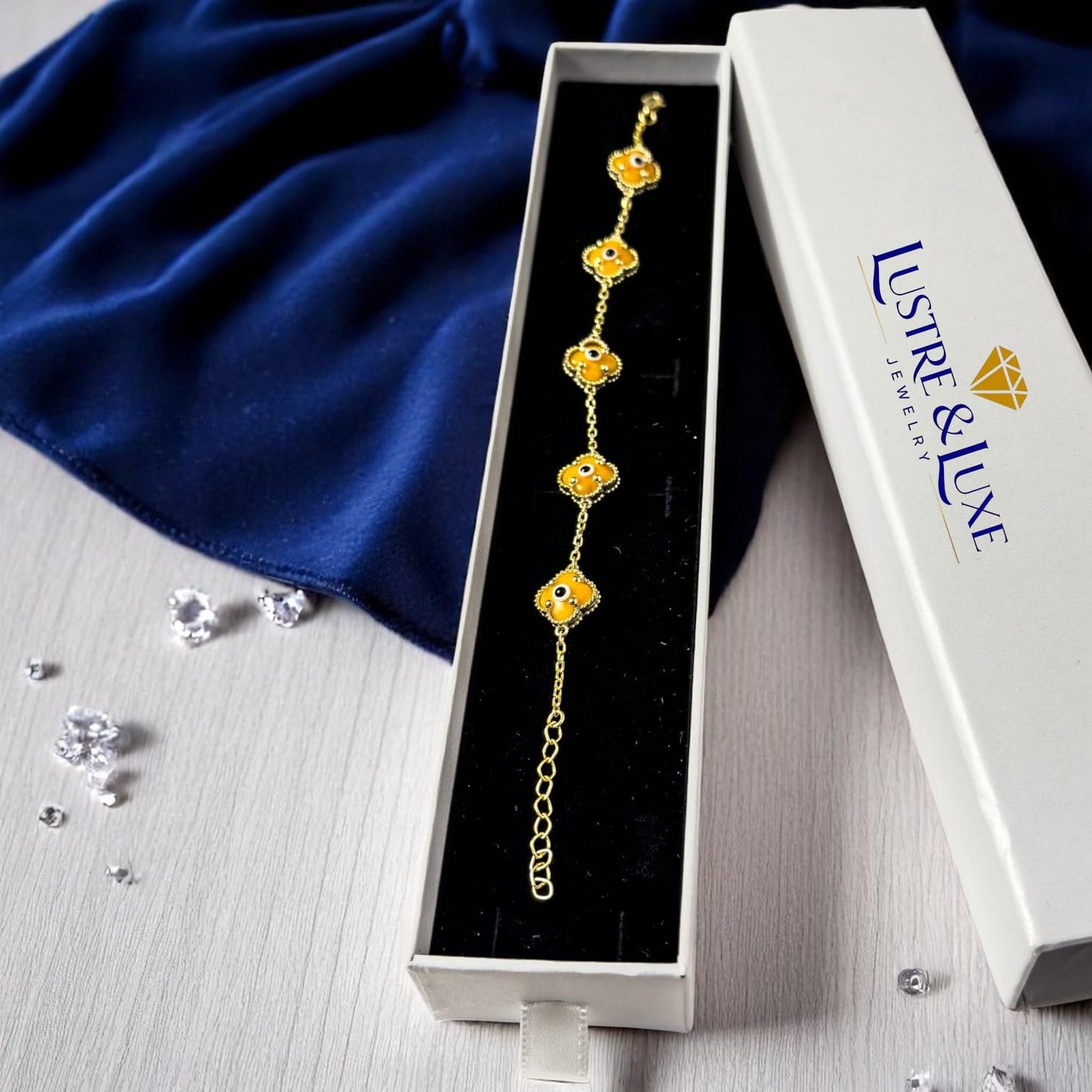 Clover Bracelet - Solid 925 Sterling Silver, 14K Vermeil Gold Plated, Evil Eye, Double Side Handcrafted Unique Glass Artwork , Adjustable Link, Comes in a Beautiful Gift Box, Perfect for Birthdays, Anniversaries, Valentine’s Day, or Mother’s Day.