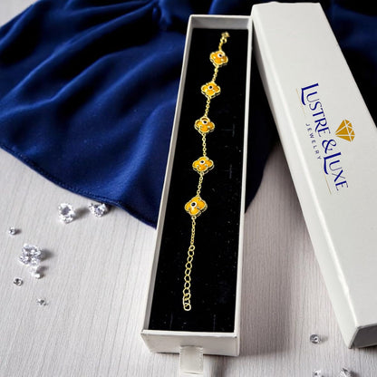 Clover Bracelet - Solid 925 Sterling Silver, 14K Vermeil Gold Plated, Evil Eye, Double Side Handcrafted Unique Glass Artwork , Adjustable Link, Comes in a Beautiful Gift Box, Perfect for Birthdays, Anniversaries, Valentine’s Day, or Mother’s Day.