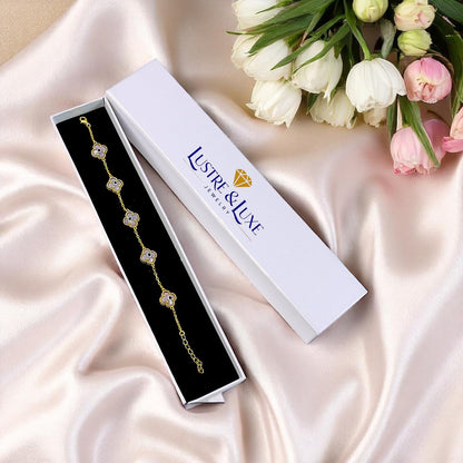 Clover Bracelet - Solid 925 Sterling Silver, 14K Vermeil Gold Plated, Evil Eye, Double Side Handcrafted Unique Glass Artwork , Adjustable Link, Comes in a Beautiful Gift Box, Perfect for Birthdays, Anniversaries, Valentine’s Day, or Mother’s Day.