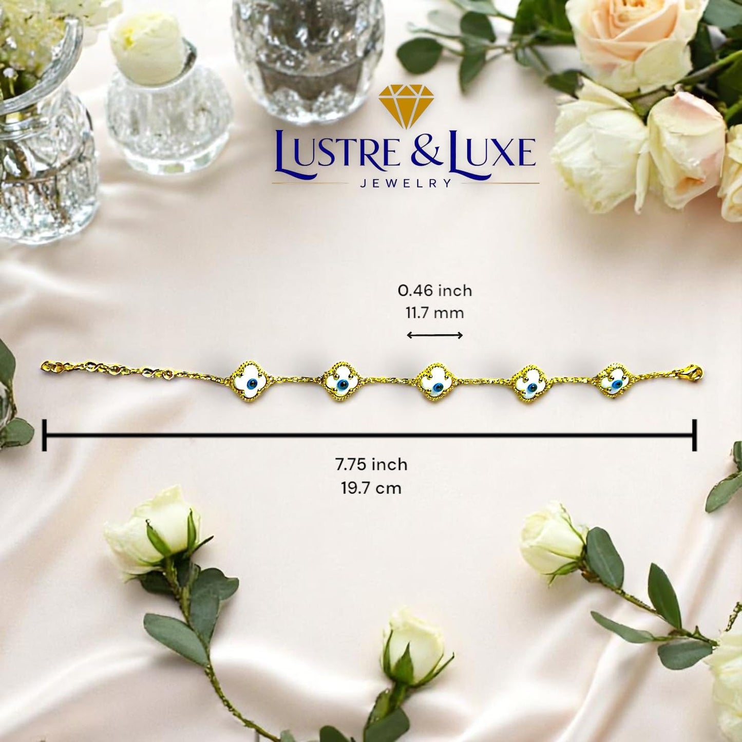 Clover Bracelet - Solid 925 Sterling Silver, 14K Vermeil Gold Plated, Evil Eye, Double Side Handcrafted Unique Glass Artwork , Adjustable Link, Comes in a Beautiful Gift Box, Perfect for Birthdays, Anniversaries, Valentine’s Day, or Mother’s Day.