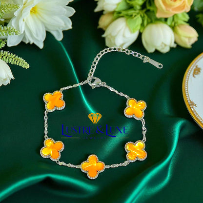 Four Leaf Clover Bracelet for Women – White Gold Plated 316L Stainless Steel, Double-Sided Mother of Pearl, Adjustable Lucky Charm Link Bracelet, Elegant Jewelry Gift for Her, Comes with gift Box.
