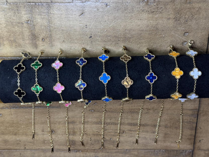 Four Leaf Lucky Clover Bracelet for Women, 18K Gold Plated Stainless Steel, Double Side Unique Mother Pearl Colors, Adjustable Link, Free Valentines Gift Box, Great Gift For Her.