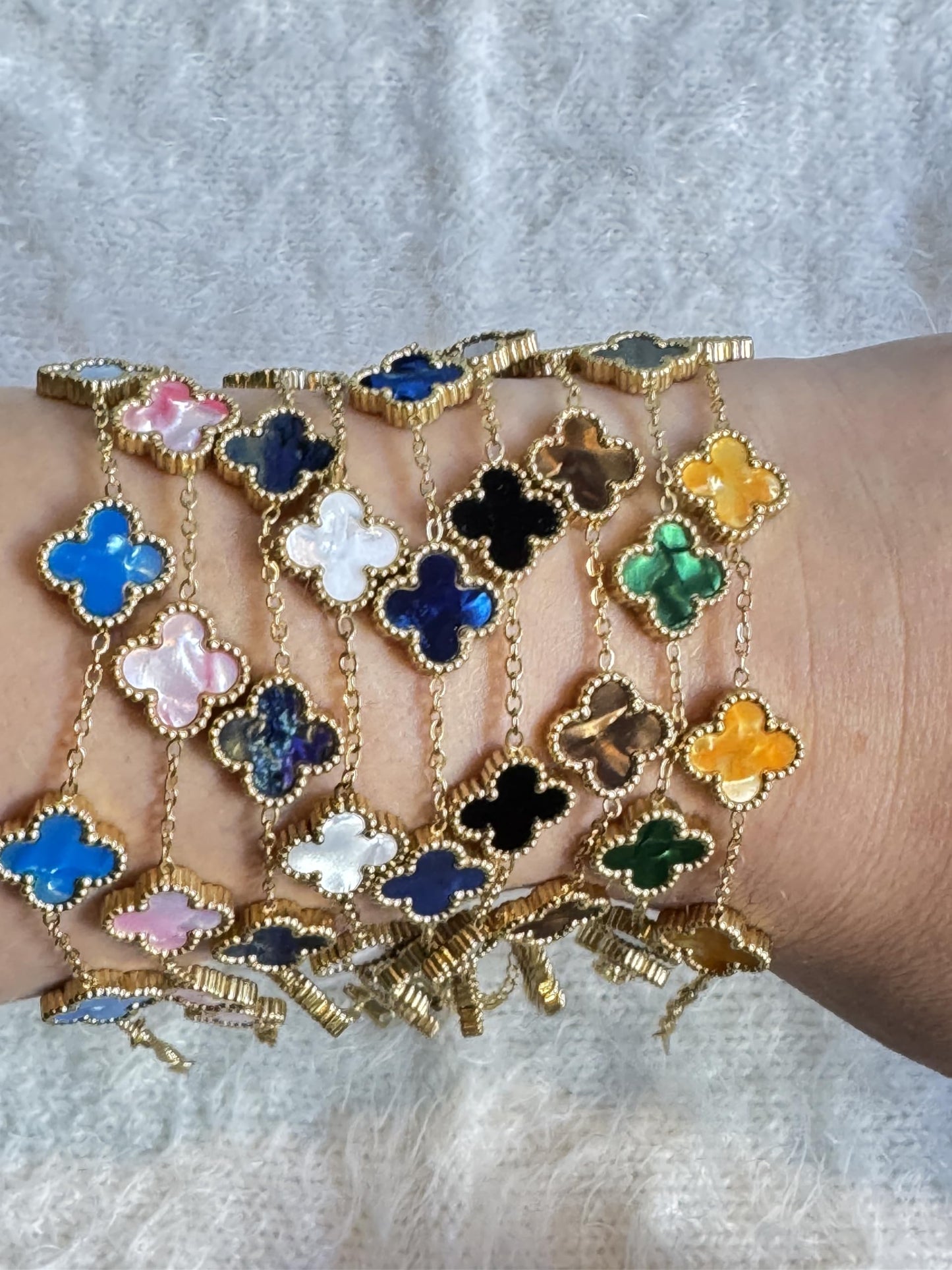 Four Leaf Lucky Clover Bracelet for Women, 18K Gold Plated Stainless Steel, Double Side Unique Mother Pearl Colors, Adjustable Link, Free Valentines Gift Box, Great Gift For Her.