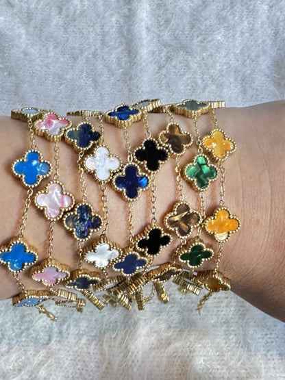 Four Leaf Lucky Clover Bracelet for Women, 18K Gold Plated Stainless Steel, Double Side Unique Mother Pearl Colors, Adjustable Link, Free Valentines Gift Box, Great Gift For Her.