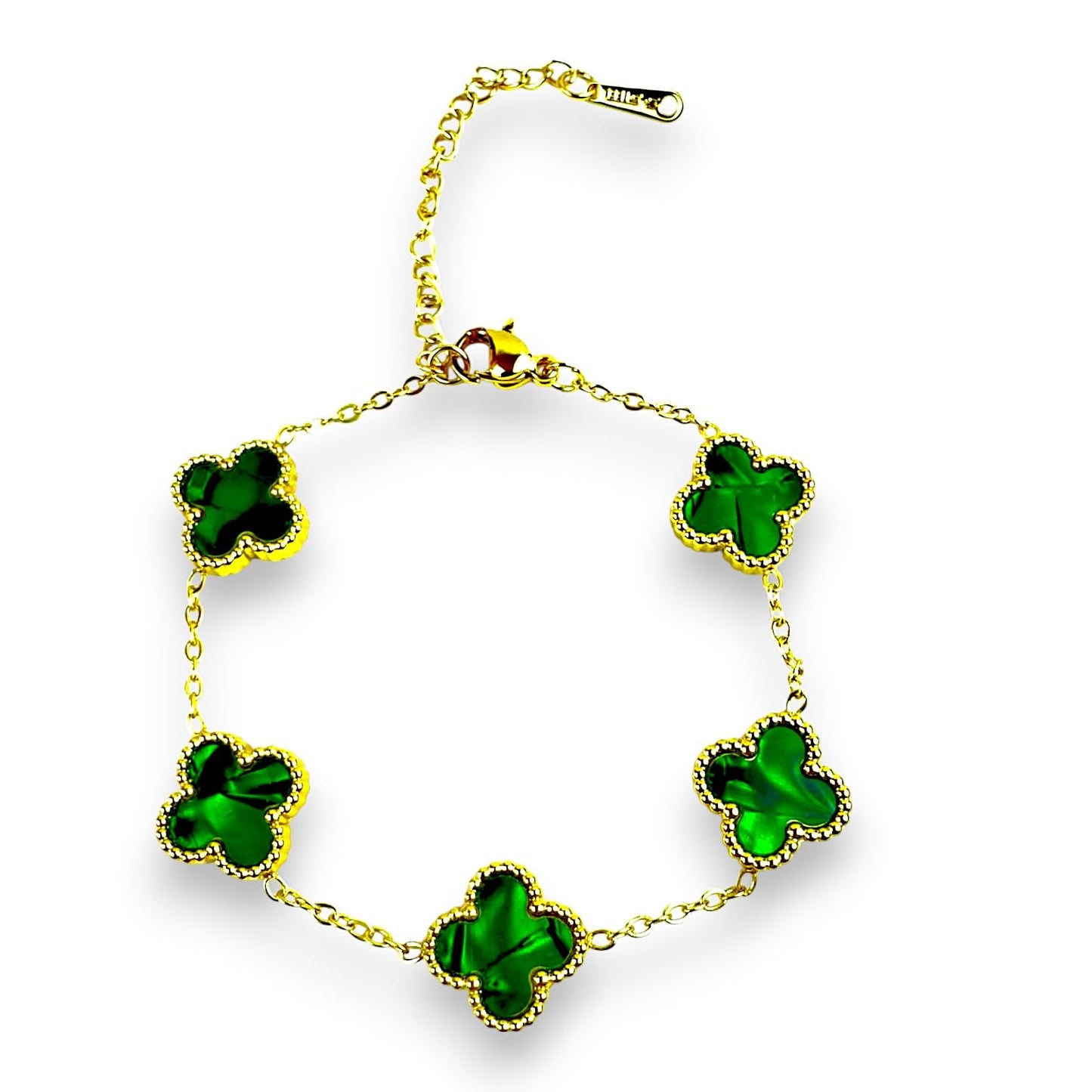 Four Leaf Lucky Clover Bracelet for Women, 18K Gold Plated Stainless Steel, Double Side Unique Mother Pearl Colors, Adjustable Link, Free Valentines Gift Box, Great Gift For Her.