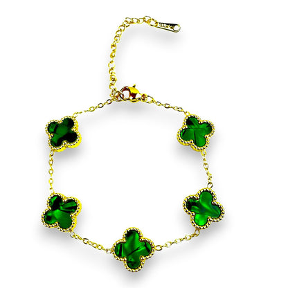 Four Leaf Lucky Clover Bracelet for Women, 18K Gold Plated Stainless Steel, Double Side Unique Mother Pearl Colors, Adjustable Link, Free Valentines Gift Box, Great Gift For Her.