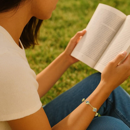 Clover Bracelet - Solid 925 Sterling Silver, 14K Vermeil Gold Plated, Evil Eye, Double Side Handcrafted Unique Glass Artwork , Adjustable Link, Comes in a Beautiful Gift Box, Perfect for Birthdays, Anniversaries, Valentine’s Day, or Mother’s Day.
